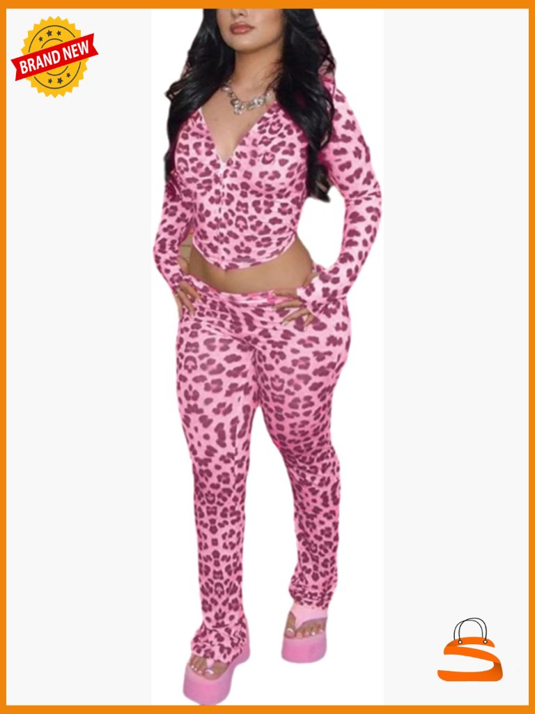 Sexy Leopard Print Velour Hoodie & Flare Pant Set - Going Out Outfit